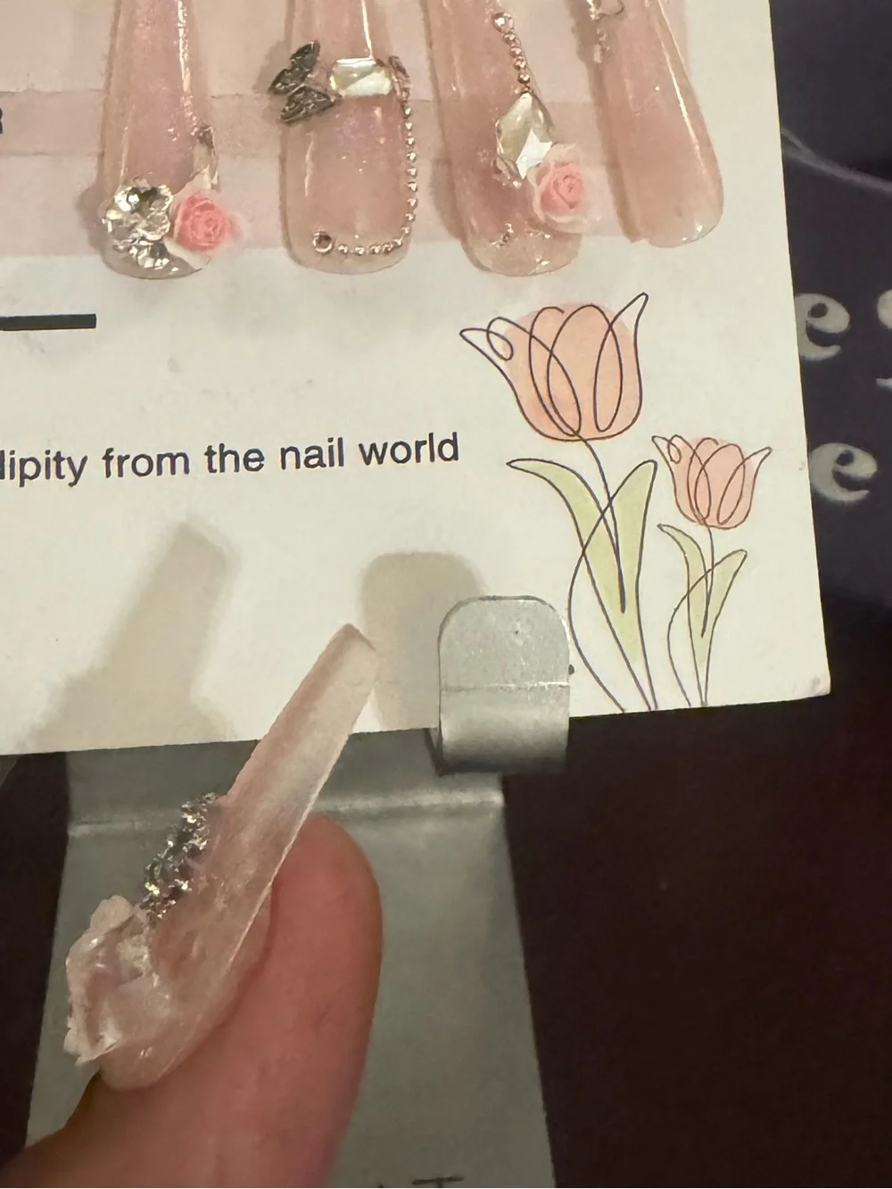 Press-On Nails Set - Blush Pink Floral Rhinestone Accented (Long Coffin) - Picture 2 of 4